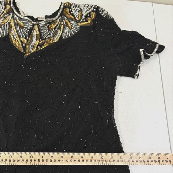 Vintage Denise Elle Beaded Sequin Top Womens 3X Gold Black Disco 80s Art Deco - Picture 11 of 13